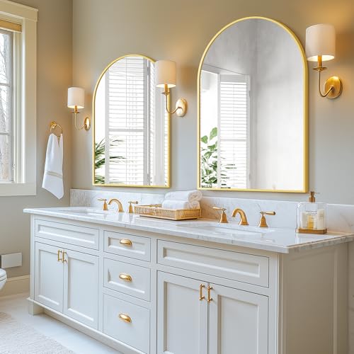 Arched Bathroom Mirror for Wall, 40" x 28" Gold Metal Frame Vanity Mirror, HD Glass Over Sink for Bathroom, Entryway, Bedroom - color: Gold, size: 40"L x 28"W