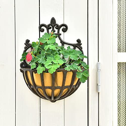 Sungmor 2PC Small Cast Iron Baskets, Heavy-Duty Wall Hanging Hollow Planter w/Fabric Liner, Antique Victoria Half Round Wall Pot Plants Holder, Outdoor Railing Fence Balcony Hanging Basket Flower Pot - color: Rustic Brown - Small