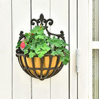 Sungmor 2PC Small Cast Iron Baskets, Heavy-Duty Wall Hanging Hollow Planter w/Fabric Liner, Antique Victoria Half Round Wall Pot Plants Holder, Outdoor Railing Fence Balcony Hanging Basket Flower Pot - color: Rustic Brown - Small