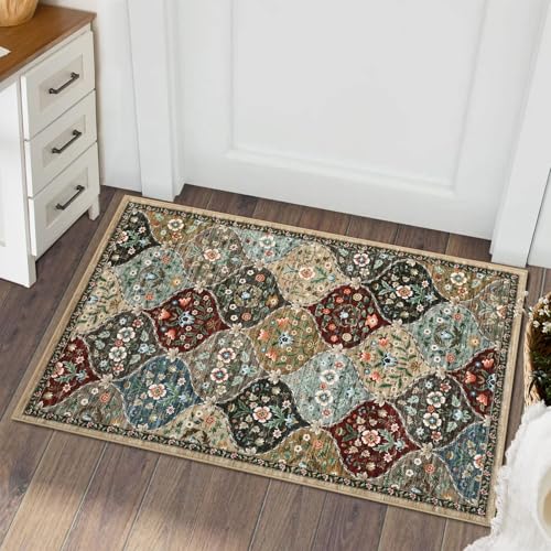 ROYHOME Small Rug Moroccan Trellis Washable Area Rug Doormat Stain Resistant Non-Slip Entryway Rug Distressed Floral Floor Carpet for Indoor Front Entrance Kitchen Bathroom, Red/Brown, 2' x 3' - color: Red/Brown, size: 2' x 3' (Rectangular)
