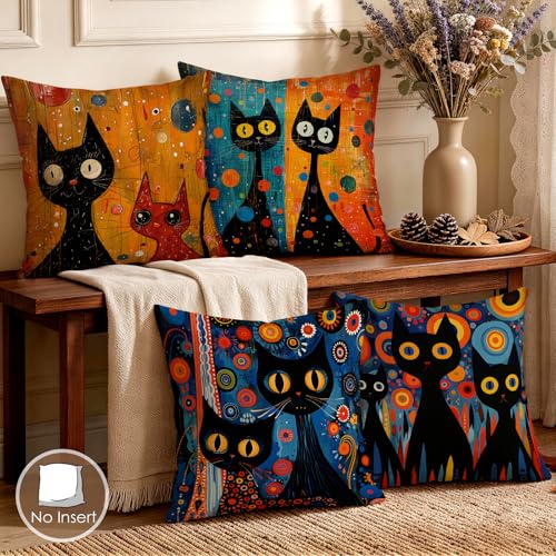 OBSEDE Black Cat Abstract Art Decorative Throw Pillow Covers 18 × 18 in, Set of 4, Couch Cushion Cases Inserts for Sofa Bed Living Room Home Decor, Single Side Print - color: Midnight Feline Abstract Art, size: 18" x 18" (Pack of 4)