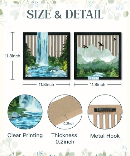 Putuo Decor Mountain Waterfall Wall Art Set of 2, Nature-Inspired Wooden Wall Art, Rustic Geometric Landscape Painting for Living Room, Bedroom, Bathroom, Boho Style Décor, 16 x 16 inches - color: Wooden Mountain Waterfall Art