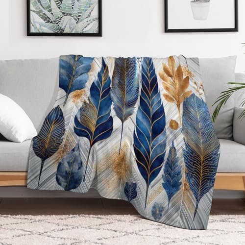 Blanket Luxury Feather Leaf Plant Blue Throw Blanket for Women Men, 40"x50" Golden Foliage Plush Flannel Throws, Decor for Bed Couch Bedroom - color: Luxury Feather Leaf Plant Blue, size: 40"x50"