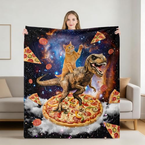 Neasow Funny Ginger Cat Dinosaur Pizza Throw Blanket, Galaxy Space Food Flannel Meme Fun Blanket, Super Soft for Couch Dorm Sofa Room, Gag Gift for Kids Boys Teens, 50×60 inch - color: Cat Dinosaur Pizza, size: 60"L x 50"W