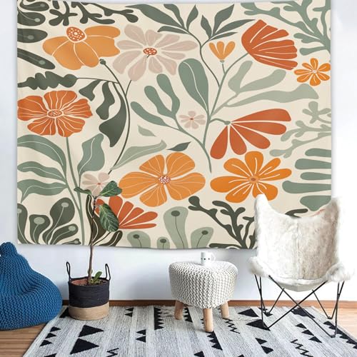 Yookeb Abstract Retro Matisse Flower Tapestry 59W by 51H Inch Wall Hanging Sage Green Orange Groovy 70s Funky Trendy Aesthetic Bedroom Living Room Dorm Polyester Fabric Home Decor - color: Sage Green Orange, size: 59"L x 51"W