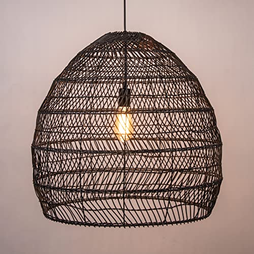 Arturesthome 15.7" Black Woven Chandelier for Kitchen,Rattan Woven Basket Pendant Light Boho Coastal Pendant Lampshade for Hallway Bedroom - color: Black, size: 15.7in*13.78in