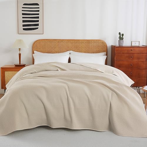 100% Egyptian Cotton Waffle Weave Throw Blanket for Bed Couch Sofa Home Decor, Soft Lightweight Bed & Couch Blanket for All Seasons (Light Khaki - King Size - 104 * 90") - color: Light Khaki, size: King - 104*90''