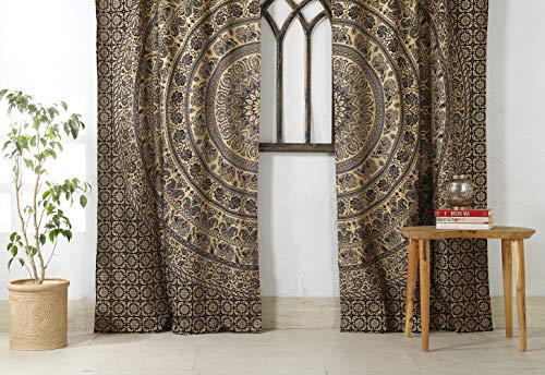 Popular Handicrafts Indian Hippie Bohemian Beautiful Elephant Color Mandala Curtain Panels Black Gold - color: Black Gold, size: 38"W x 83"L (Pack of 2)