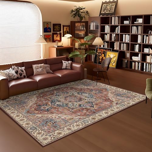 Deerly Washable Bedroom Area Rug 4x6 Indoor Thin Carpet for Living Room Boho Vintage Rug for Kitchen Entryway Dining Room Office Non-Slip Low Pile, Brickred/Multi - color: Brickred & Multi, size: 4' x 6' (Rectangular)