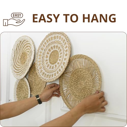 Wicker Wall Decor Set – Boho Basket Wall Art, Natural Woven Wall Art for Living Room Bedroom, Seagrass Decorative Plates For Wall Hanging, Flat and Lightweight - size: Medium