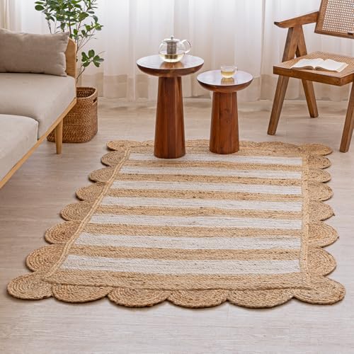 HOMEMONDE Scallop Jute Area Rug - 5'x8' Natural Fiber Boho Farmhouse Style Décor - Handmade Rustic Vintage Braided Area Rug for Bedroom, Living Room, Dining Area, Kitchen - size: 5' x 8' (Rectangular)