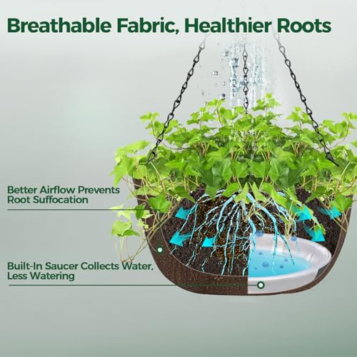 T4U Hanging Planters for Outdoor Plants, 10 Inch 6 Pack Fabric Hanging Baskets with Drainage Tray, Decorative Hanging Pots for Plants Outdoor Patio Porch Garden Use（Brown） - size: 10 Inch, 6-Pack