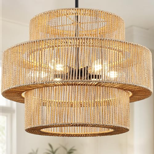 25.59" Large Hand-Woven Rattan Chandelier, 6 Lights Farmhouse Boho Chandelier Light Fixtures, Rustic Bamboo Wicker Chandeliers for Dining Room, Kitchen Island, Living Room, Stairway - color: Beige, size: 25.59 Inch