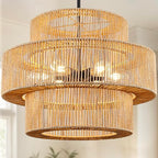 25.59" Large Hand-Woven Rattan Chandelier, 6 Lights Farmhouse Boho Chandelier Light Fixtures, Rustic Bamboo Wicker Chandeliers for Dining Room, Kitchen Island, Living Room, Stairway - color: Beige, size: 25.59 Inch