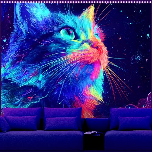 AOHMPT Blacklight Tapestry Glow in the Dark Tapestry Cat Design 59'' × 51'' Inch Wall Hanging Decor for Bedroom Living Room - color: Cat, size: 59"L x 51"W