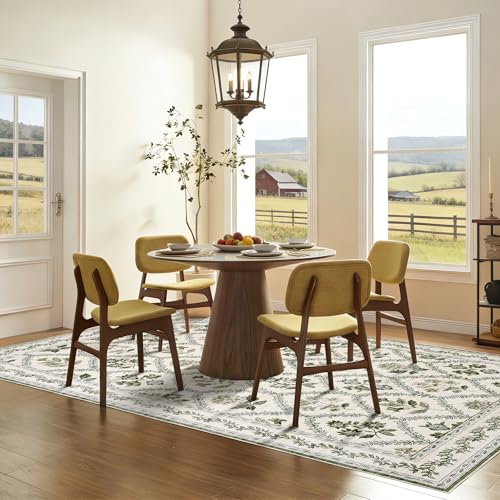 Green Floral Living Room Rug 5x8 Olive Green and Beige Area Rug Washable Bedroom, Low-Pile Soft Dining Room Farmhouse Boho Cottage Aesthetic Vintage Floor Covering Print Playroom Carpet - color: Olive / Beige, size: 5' x 8' (Rectangular)