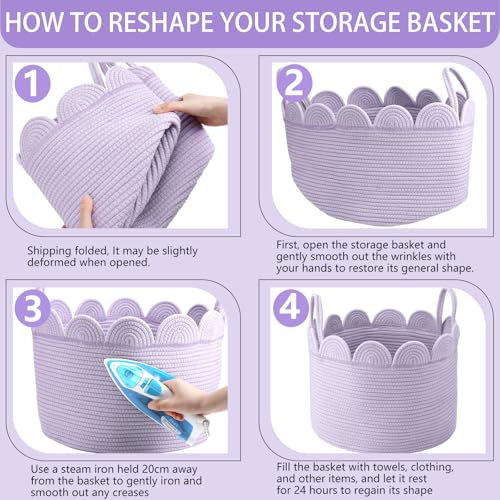 LemonRoad Lavendor Purple Round Basket Large Blanket Basket 15.8" L X 15.8" W X13.8" H Scalloped Woven Baskets Cotton Storage Baskets for Nursery Classroom Closet Blankets Storage Home Decor - color: Lavendor Purple, size: 15.8" L X 15.8" W X13.8" H