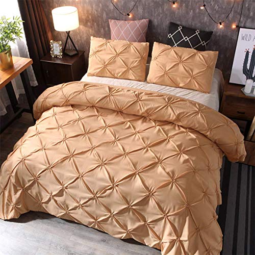 Feelyou Pinch Pleated Comforter Cover Set Queen Pintuck Bedding Set Soft Pintuck Tufted Duvet Cover with 2 Pillow Shams Luxury Microfiber Quilt Cover Solid Champagne Breathable Zipper 3 Pieces - color: Champagne, size: Queen