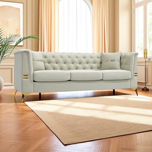 KEIKI 82" Oversized Luxury Velvet Chesterfield Sofa with 2 Pillows, Deep Button Tufted Backrest, Modern Style Gold Metal Accents 3-Seater Couch, Easy Assembly, for Living Room, Apartment, Cream White - color: Cream White, size: 82"