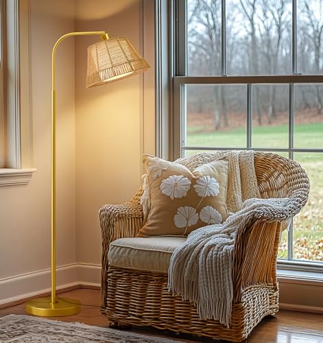 Oneach Arc Floor Lamp for Living Room,Rattan Boho Floor Lamp with Hand-Woven Wicker & Fabric Shade, Foot Switch,Gold Metal Base & Pole,Farmhouse Standing Lamp for Bedroom Corner,Office,Reading - color: Gold