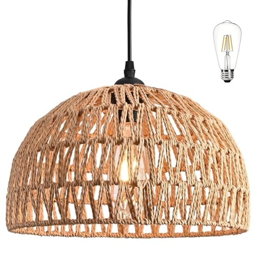 Hemp Rope Woven Pendant Light Woven Light Fixture Boho Chandelier Light Fixture Wicker Pendant Lights Rattan Lights Pendant Dome Wicker Chandelier for Dining Room Kitchen Island(Bulb Incl. - color: 12.2" Natural