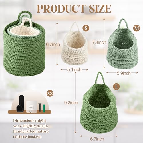 Honeydak Boho Decor Hanging Wall Baskets for Kitchen 3 Pack Teardrop Baskets with Hooks Storage Fruit Onion Vegetable Potato for Home 3 Sizes(Sage Color Palette,Barrel,Cotton Rope) - color: Sage Color Palette, size: Cotton Rope, style: Barrel