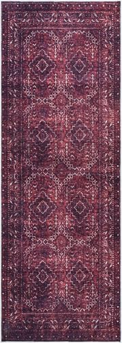 Bloom Rugs Washable Non-Slip 7 ft Runner - Dark Red Traditional Bordered Runner for Entryway, Hallway, Bathroom, and Kitchen - Exact Size: 2.5' x 7' - color: Dark Red, size: 2'6" x 7' (Runner)