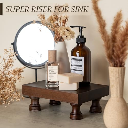 EOSAHR Decorative Display Risers for Farmhouse Decor - Acacia Wood Risers Display Stands for Bathroom Counter Organizer & Kitchen Sink Organizer (Brown Acacia Wood) - color: B-Dark Acacia