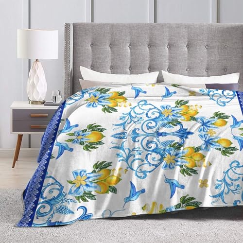 Blue Lemon Throw Blanket for Couch Chair Sofa Bed, Flannel Soft Mediterranean Ceramic Tiles Elegant Baroque Blanket for Bedroom Living Room Car, Warm Cozy Farmhouse Blankets for All Season 30"x 40" - color: Lemon05, size: 30X40 inch
