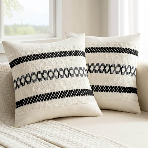 MIULEE Set of 2 Black Boho Decorative Pillow Covers 18x18 Inch Farmhouse Rustic Couch Throw Pillows Modern Spring Cotton Cushion Covers Retro Cute Macrame Woven Home Decor for Bed Sofa Chair - color: Black, size: 18" x 18" (Pack of 2)