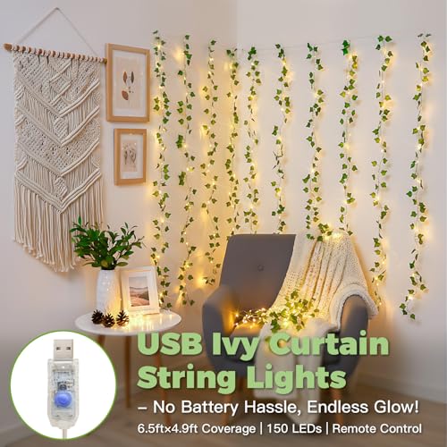 suddus Vines with Lights for Bedroom, 150 LED Fairy Lights with Vines, Ivy Curtain Lights for Bedroom, Dorm, Wedding, Party, Wall, Indoor, Outdoor Decor, 6.5ft x 4.9ft - color: Ivy, size: USB-150Led