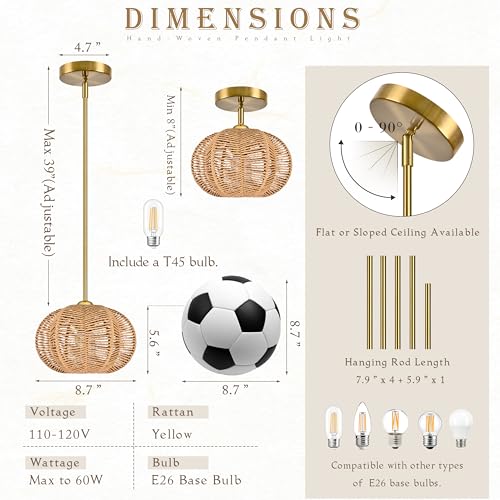 Mini Rattan Pendant Light Hemp Rope Rattan Light Fixture Woven Pendant Wicker Chandelier Boho Chandelier for Bedroom Kitchen Island - color: 8.7" Natural