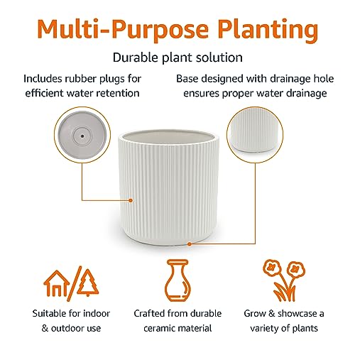 Amazon Basics Fluted Ceramic Planter Pot for Indoor Outdoor Plants, Round Flower Pot with Drainage Hole, 10-inch, White - color: White, size: 10 in