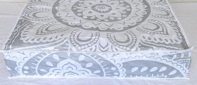 CRAFT KALA Mandala Floor Pillow Cushion Cover Seating Throw Cover Hippie Decorative Bohemian Ottoman Poufs Pillow Cases Boho Indian Cotton Living Room Yoga Home Décor 24" Square, White Silver Flower