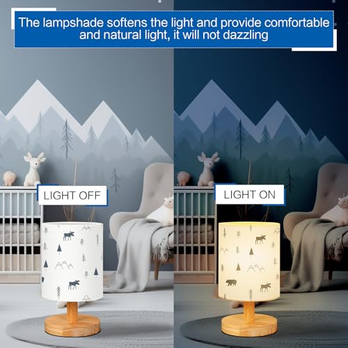 VIHOSE Forest Animals Bedside Table Lamp Vintage Nightstand Lamp with Linen Fabric Shade Solid Wood Base Decoration for Kids Living Room Bedroom Desk Dorm - style: Forest Animals