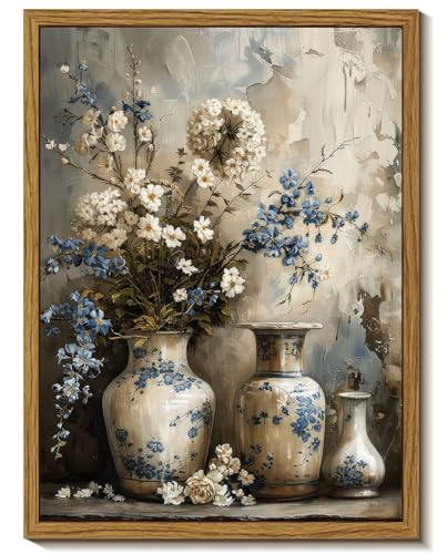 Framed Rustic Farmhouse Floral Canvas Wall Art Blue and White Vase Poster Prints Vintage Still Life Flower Picture Elegant Rural Countryside Painting Wall Decor for Living Room Office Bedroom 8x10in - color: Blue Flower, size: 10"L x 8"W