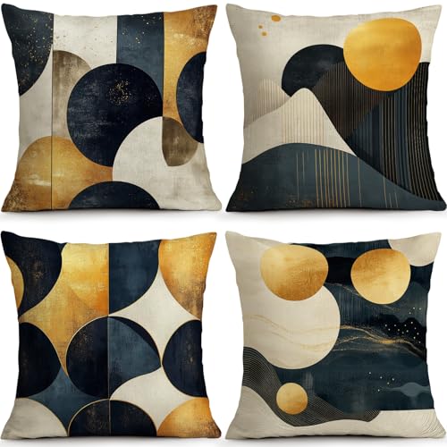 OBSEDE Abstract Blue Gold Painting Decorative Throw Pillow Covers 18 × 18 in, Set of 4, Couch Cushion Cases Inserts for Sofa Bed Living Room Home Decor, Single Side Print - color: Sapphire Gold Abstract Art, size: 18" x 18" (Pack of 4)