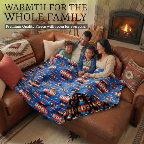 Sacred Thread Aztec Blanket Fleece, Reversible Native American Blanket, Western Throw, Native American Western (Blue Flannel), Queen (79”x95”) - color: Blue Flannel, size: Queen (79”x95”)