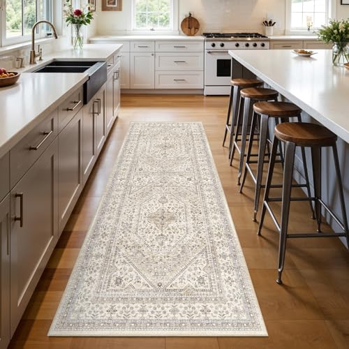 3x8 Runner Rug for Hallway Washable: Non Slip Kitchen Rugs with Rubber Backing Soft Waterproof Mats Stain Resistant Indoor Vintage Carpet Runner for Bedroom Bathroom Laundry Entryway Beige/Gray - color: Beige/Gray, size: 3' x 8' (Rectangular)