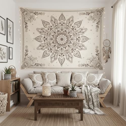 Motanber Floral Mandala Tapestry Wall Hanging Boho Beige Tapestry Aesthetic Bohemian Flower Cute Large Tapestries for Bedroom Living Room Dorm Wall Decor 80 x 60 Inch - color: Beige White, size: 80"L x 60"W