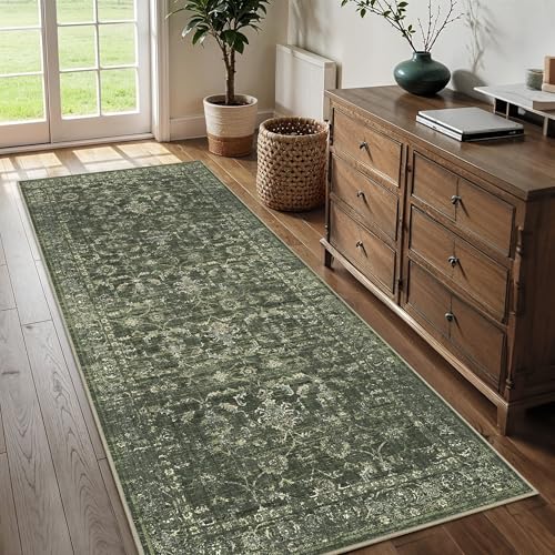 3x7 Green Runner Rug Hallway Washable Area Rugs Kitchen Vintage Boho Non Slip Long Rug Floral Carpet Indoor Retro Soft Low Pile Throw Rug for Bedroom Bathroom Laundry Dining Living Room Office - color: Dark Green, size: 3' × 7' (Runner)