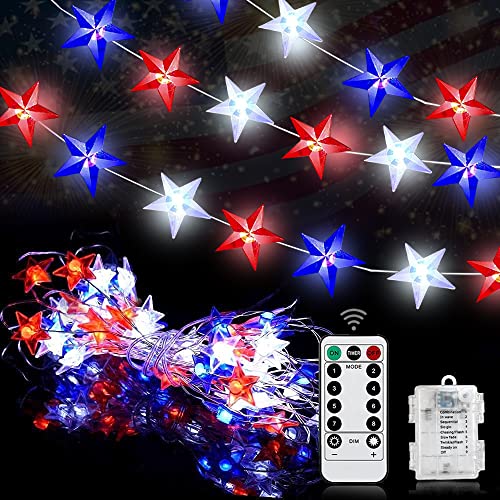 Couah 2 Pack 80 LED Red White and Blue Lights Battery Operated 20 FT 4th of July Patriotic Fairy Lights Indoor Outdoor Camping Party Patriotic Memorial Day Independence 4th of July Decorations - size: 20FT
