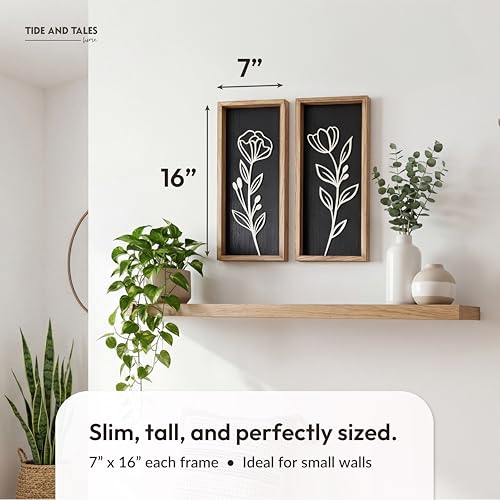 3D Vintage Black Living Room Decor (Set of 2) Lightweight, Wooden Ready-to-Hang Framed Moody Floral Wall Art for Bathroom, Bedroom or Office - Dark Textured Boho Farmhouse Wall Decor - Gift-Boxed - color: Black, size: 7" x 16"