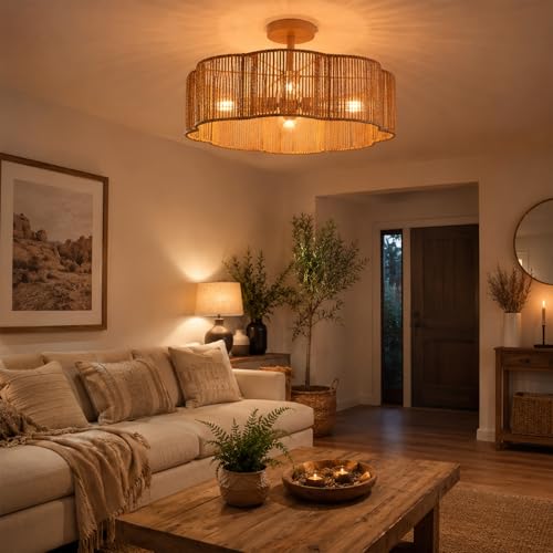 Hamilyeah Rattan Flush Mount Ceiling Light Fixture, 20 Inch Woven Scalloped Boho Ceiling Lamp, 4-Light Gold Ceiling Fixture with Hand-Woven Wicker Shade for Bedroom, Dining Room, Kitchen - color: Gold