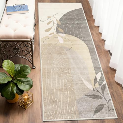 MUJOO Washable 2x6 Runner Rugs for Kitchen Hallway Bedside Bathroom Laundry Room Bedroom,Boho Long Area Rug Non Slip Carpet Throw Rug Mid Century Modern Abstract Botanical Geometric Neutral Beige - color: Beige（modern）, size: 2' x 6' (Rectangular)