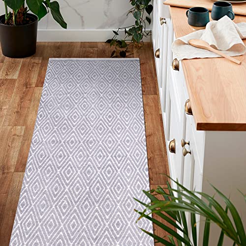 Ramanta Home 100% Cotton Diamond Handwoven Reversible Rug 24x60 Inch– Grey| Soft Washable Area Rug for Bathroom, Kitchen, Bedroom, Entryway | Durable Lightweight Handmade Accent Floor Mat | Boho Decor - color: Lt-grey, size: 24 x 60 inches
