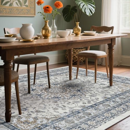 Farmhouse Living Room Rug 8x10, Distressed Washable Area Rug for Bedroom, Dining Room Under Table - Vintage Low Pile & Non-Slip Carpet, Soft Cozy Stain Resistant Accent Mat(Blue & Brown) - color: Blue / Grey / Brown, size: 8' x 10' (Rectangular)