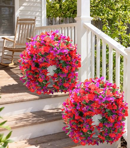 Faux Bougainvillea Artificial Flowers Plants for Outdoors Outside Decoration, 2pcs Fake Flowers Silk Long Trailing Vines UV Resistant Realistic for Front Door Porch Planter Urn Patio Balcony Yard, Mix - color: Red Purple