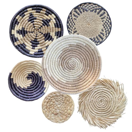 Laquedecraft Boho Round Handmade Wall Basket Decor | Woven Seagrass Rattan Wicker Wall Decor Hanging Rustic Flat Elegant Wall Art for Farmhouse Living Rooms Bedrooms Display Table Settings Kitchen Home (Bohemian, 6) - size: Set of 6, style: Bohemian