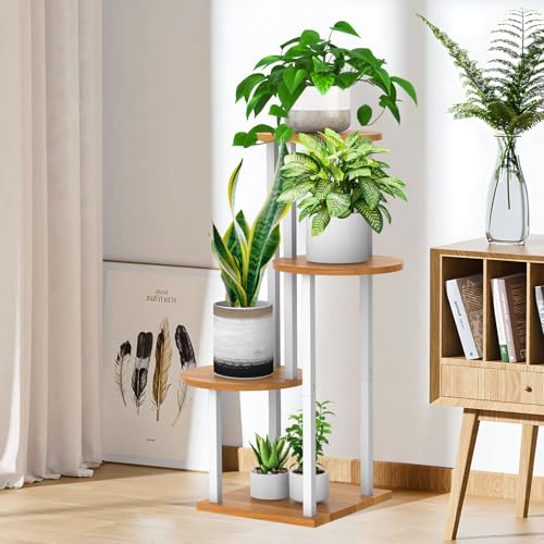4 Tier Wood Tall Plant Stand Metal Rack Indoor, Multiple Flower Pot Holder Shelves Corner Rack, Round Planter Shelf Display Rack Storage Organizer for Patio Living Room Balcony(White+Wooden) - color: White+Wooden, size: 4 Tier